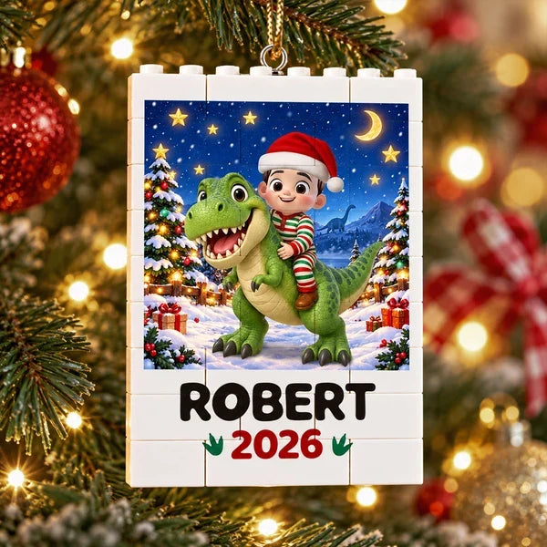 Personalized Building Block Ornament, Child Riding a Dinosaur in a Snowy Christmas Scene, Unique Gift for Grandkids