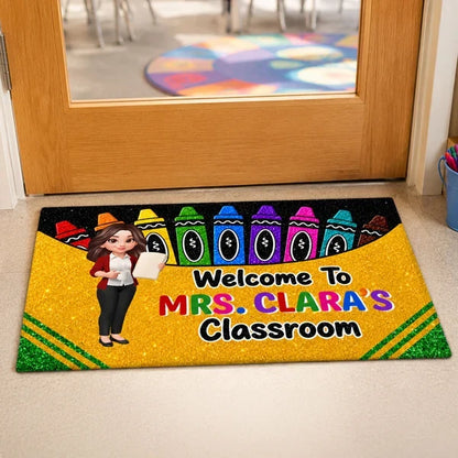 Personalized Standard Doormat, Cartoon Teacher & Bright Crayons, Unique Gift for Classroom Entry
