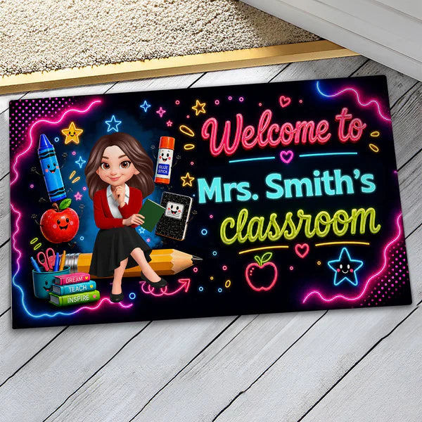 Neon Classroom Standard Doormat, Personalized Teacher Welcome, Unique Creative Gift for Back to School