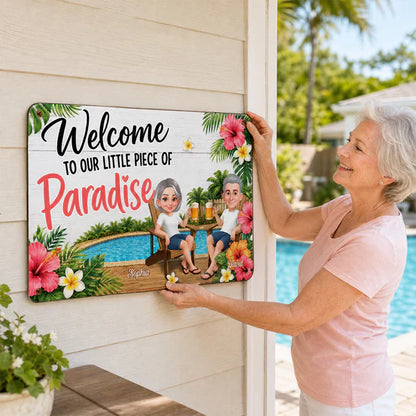 Personalized Rectangular Iron Sign with Sitting Couple, Tropical Pool Welcome Decor, Unique Gift for Couples