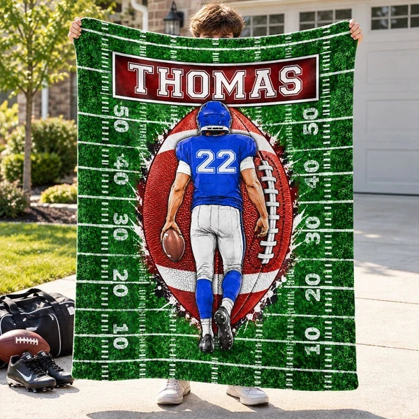 Personalized Fleece Blanket, Football Player Walking on Green Field, Unique Gift for Son or Grandson