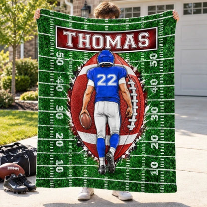 Personalized Fleece Blanket, Football Player Walking on Green Field, Unique Gift for Son or Grandson