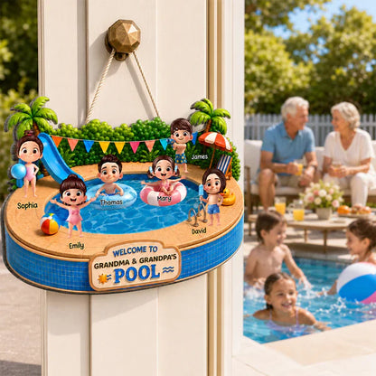 Personalized Wooden Sign with Kids Playing at Pool, Unique Gift for Grandparents, Tropical Door Decor