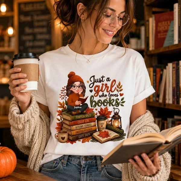 Personalized Classic Tee, Warm Autumn Reading Girl, Just a Girl Who Loves Books, Unique Gift for Readers