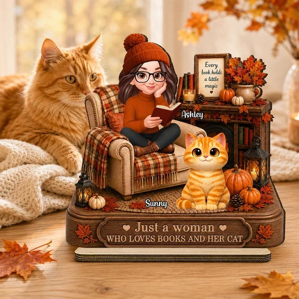 Personalized 2-Layer Wooden Plaque, Woman Reading With Her Cat, Warm Fall Keepsake, Unique Gift for Women Readers