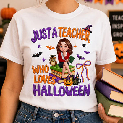 Personalized Classic Tee, Cartoon Teacher Sitting on Books, Unique Creative Halloween Gift for Teachers