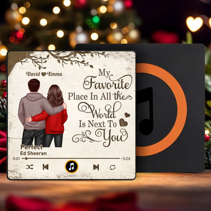 Acrylic Music Magnet with Hugging Couple Artwork – My Favorite Place Is Next To You – Romantic Keepsake, Unique Gift for Couples