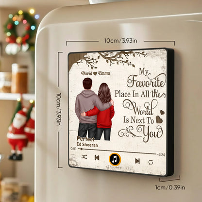 Acrylic Music Magnet with Hugging Couple Artwork – My Favorite Place Is Next To You – Romantic Keepsake, Unique Gift for Couples