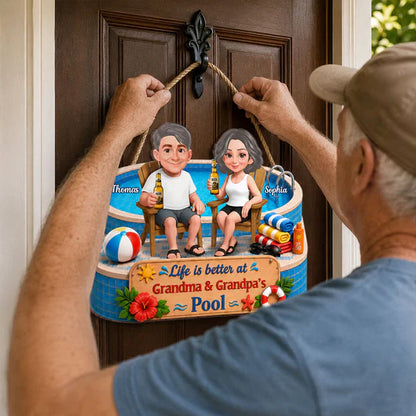 Personalized Wooden Sign, Cartoon Grandparents by the Pool, Unique Creative Gift for Grandma & Grandpa