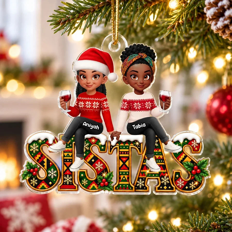 Personalized Acrylic Ornament, Sistas Holding Hands in Festive Sweaters, Unique Christmas Gift for Sisters