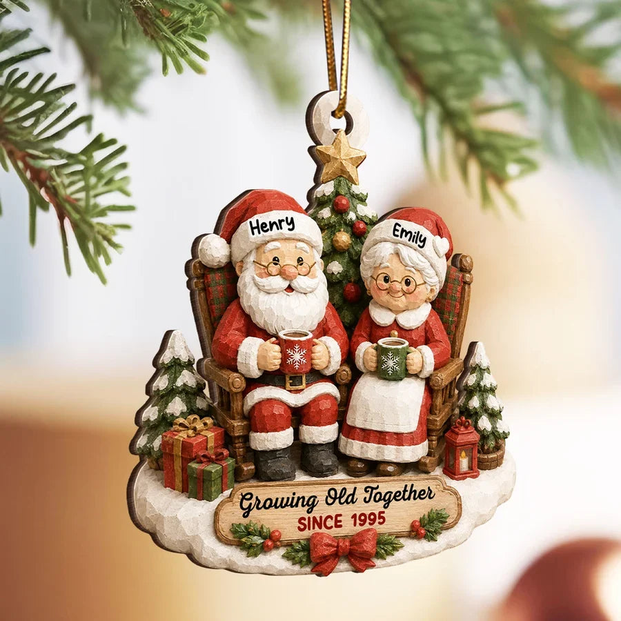 Personalized Wooden Ornament, Rustic Santa Couple Holding Mugs by a Christmas Tree, Unique Gift for Couples