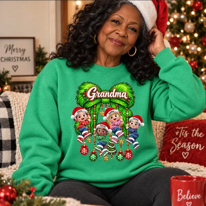 Personalized Sweatshirt with Grandkids on a Green Christmas Bow, Unique Gift for Grandma