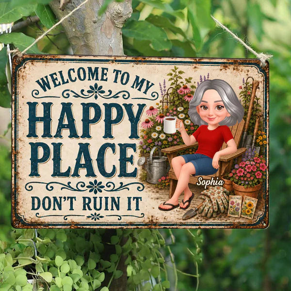 Personalized Rectangular Iron Sign with Relaxing Gardener, Vintage Happy Place Decor, Unique Gift for Mom