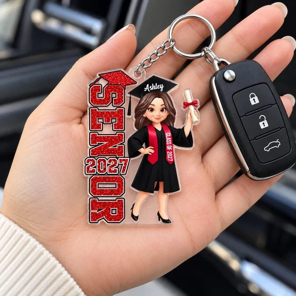 Personalized Acrylic Keychain, Red and Black Cartoon Graduate Holding Diploma, Unique Graduation Gift for Her