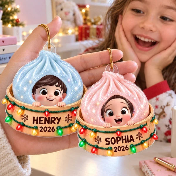 Personalized Acrylic Ornament, Smiling Child in a Dumpling Basket, Colorful Christmas Tree Decor, Unique Gift for Kids