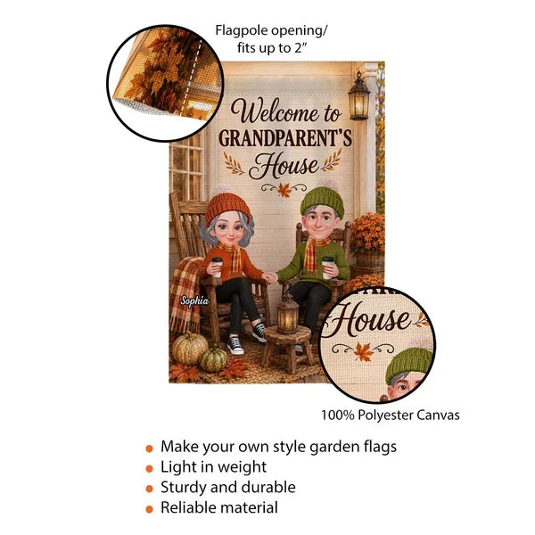 Welcome to Grandparents' House Garden Flag, Holding Hands on a Fall Porch, Personalized Creative Gift