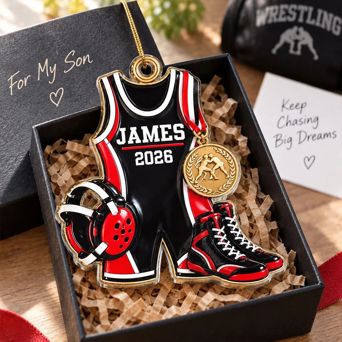 Personalized Wrestling Acrylic Ornament with Gear and Medal, Creative Christmas Gift for Son