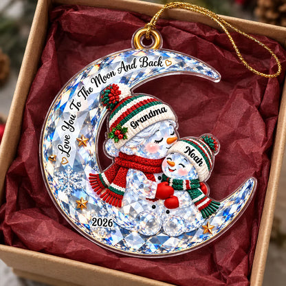 Personalized Acrylic Ornament, Hugging Grandma and Grandkid Snowmen on Moon, Unique Christmas Gift for Grandma