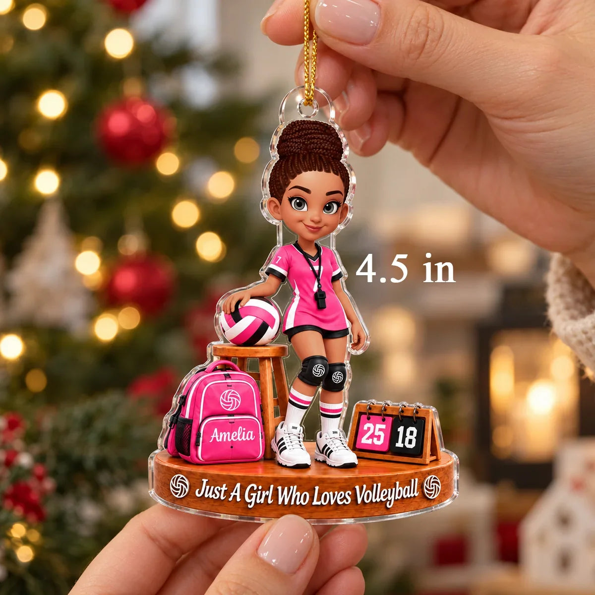 Personalized Volleyball Girl Acrylic Ornament, Red Team Scene with Ball and Scoreboard, Unique Gift for Daughter