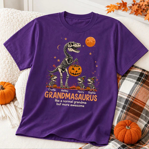 Personalized Classic Tee, Unique Spooky Grandmasaurus Dinosaur Skeleton Halloween Gift for Grandma