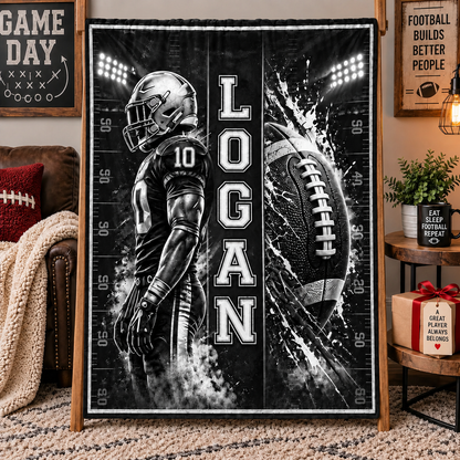 Personalized Fleece Blanket, Navy Football Player in a Floodlit Stadium, Unique Gift for Football Fans