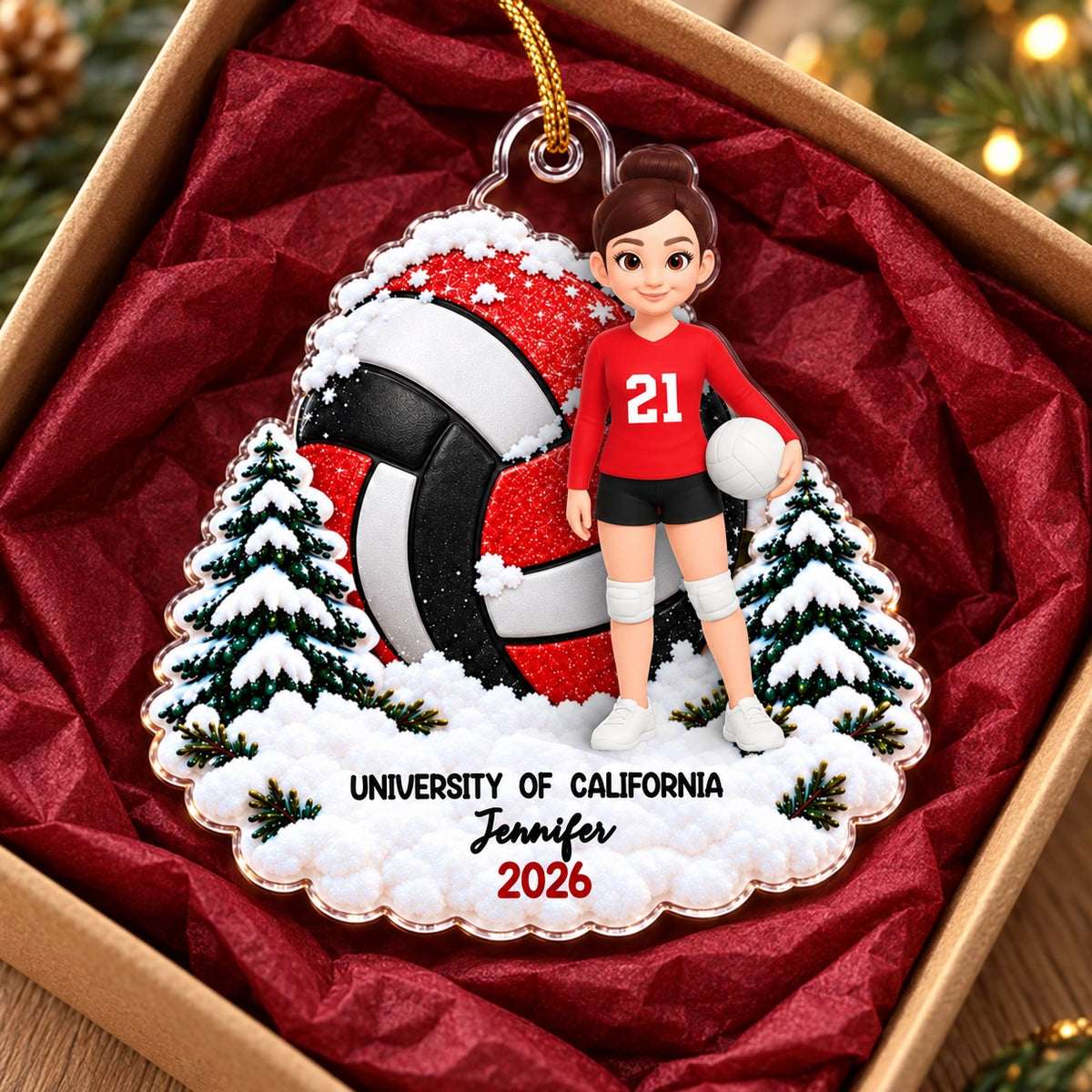 Personalized Acrylic Ornament, Volleyball Player Holding a Ball in Snow, Creative Holiday Gift for Teammate