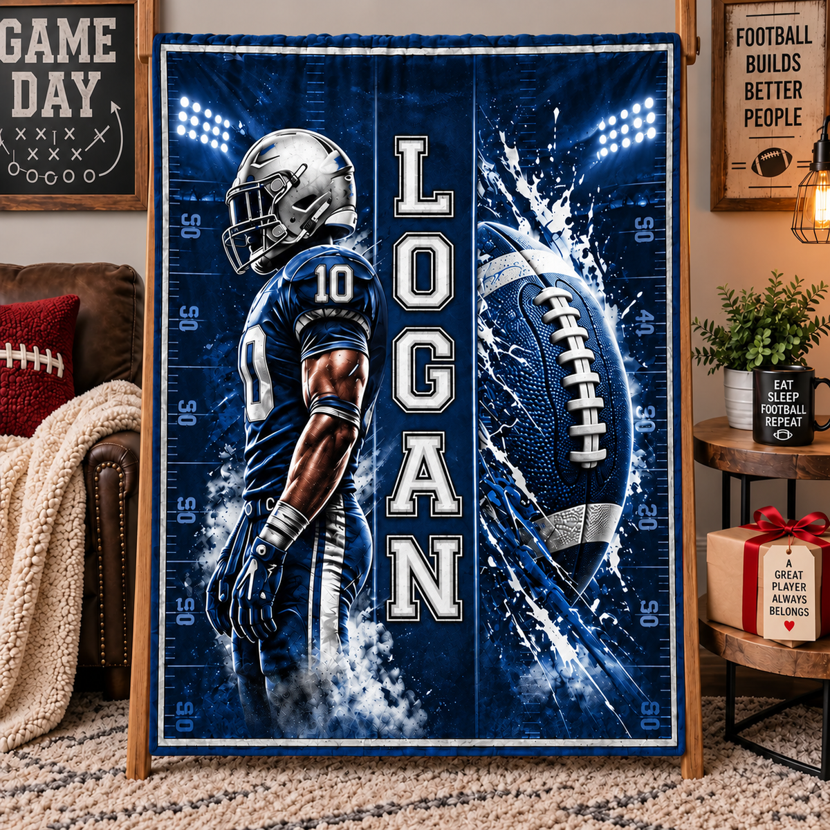Personalized Fleece Blanket, Navy Football Player in a Floodlit Stadium, Unique Gift for Football Fans