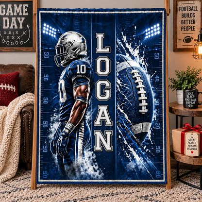 Personalized Fleece Blanket, Navy Football Player in a Floodlit Stadium, Unique Gift for Football Fans