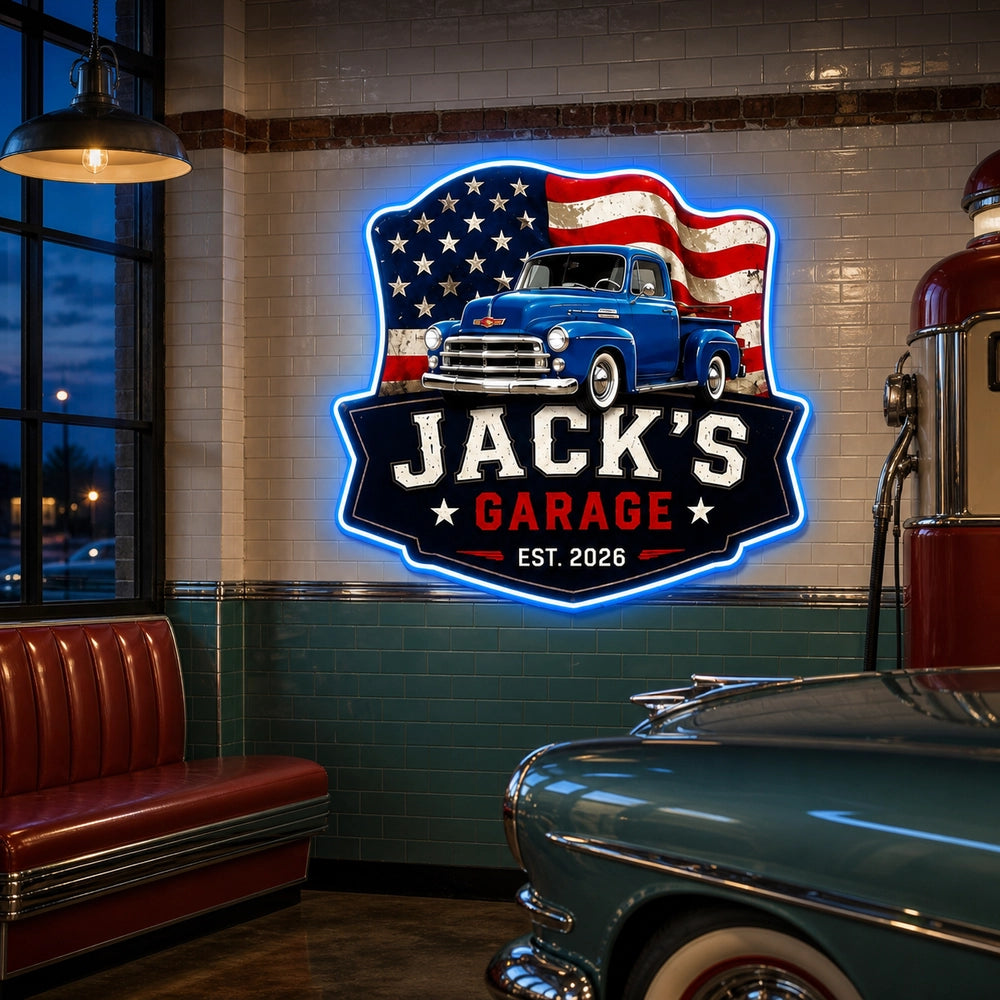 Personalized Photo Garage Neon Sign with Vintage Truck & American Flag, Upload Your Photo, Custom Gift for Car Lovers