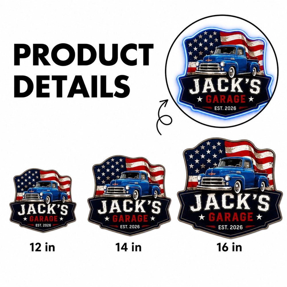 Personalized Photo Garage Neon Sign with Vintage Truck & American Flag, Upload Your Photo, Custom Gift for Car Lovers