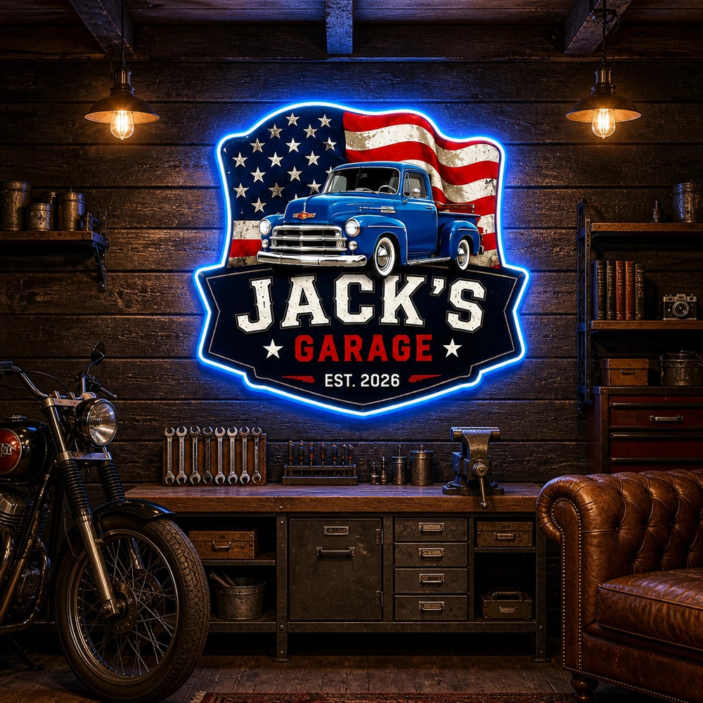 Personalized Photo Garage Neon Sign with Vintage Truck & American Flag, Upload Your Photo, Custom Gift for Car Lovers