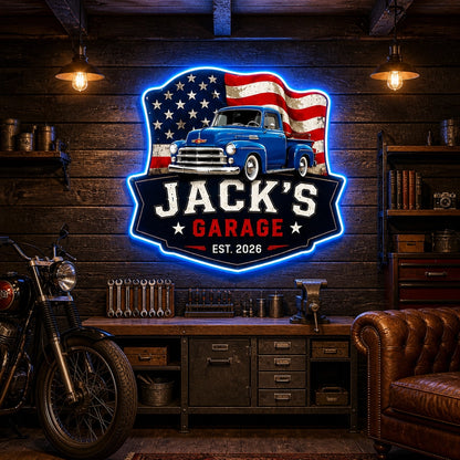 Personalized Photo Garage Neon Sign with Vintage Truck & American Flag, Upload Your Photo, Custom Gift for Car Lovers