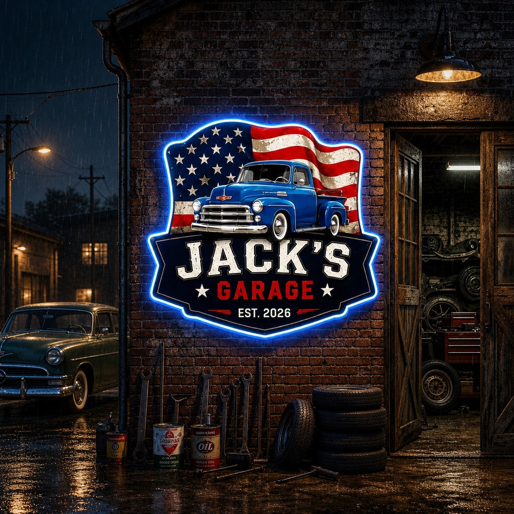 Personalized Photo Garage Neon Sign with Vintage Truck & American Flag, Upload Your Photo, Custom Gift for Car Lovers