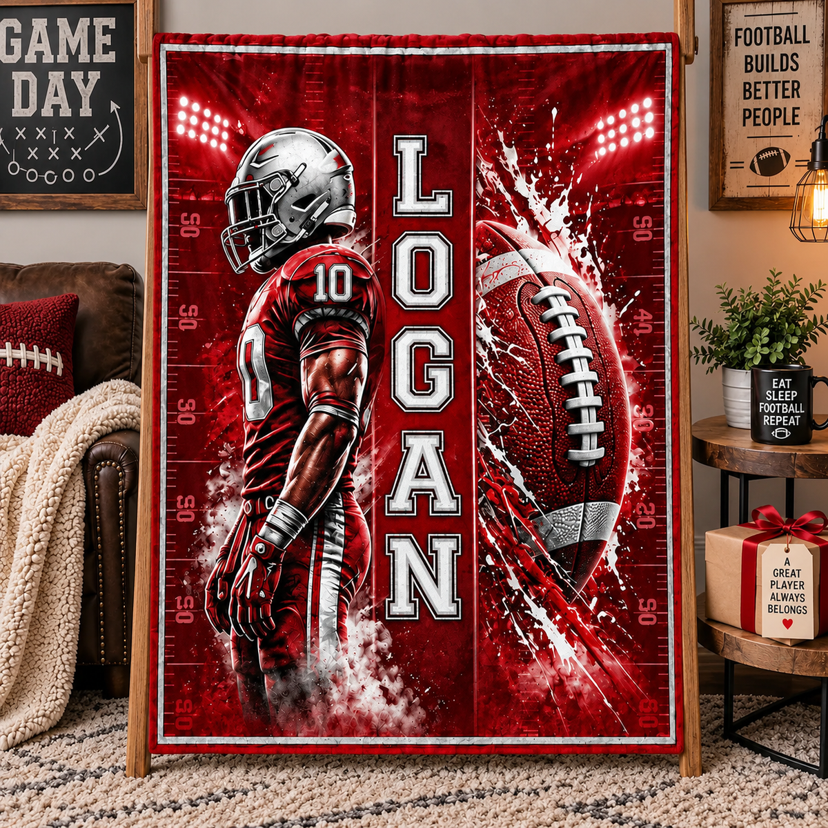 Personalized Fleece Blanket, Navy Football Player in a Floodlit Stadium, Unique Gift for Football Fans