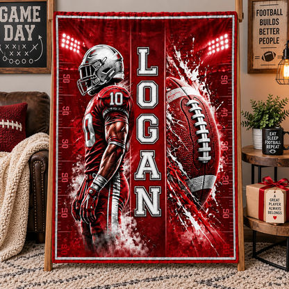 Personalized Fleece Blanket, Navy Football Player in a Floodlit Stadium, Unique Gift for Football Fans