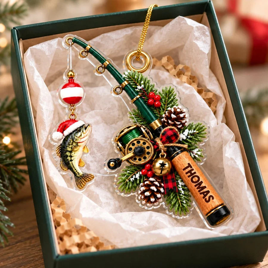 Personalized Fishing Acrylic Ornament, Santa Hat Fish on Snowy Pine, Sentimental Creative Christmas Gift for Dad