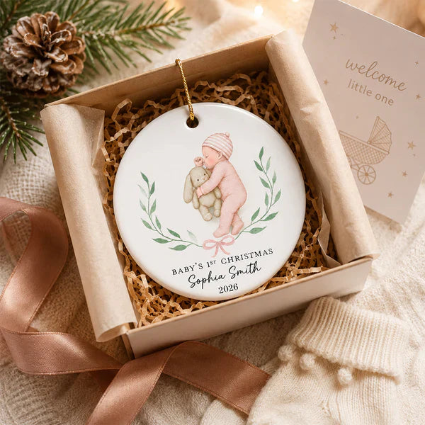 Personalized Ceramic Ornament, Baby's First Christmas Sleeping Baby, Unique Gift for New Parents