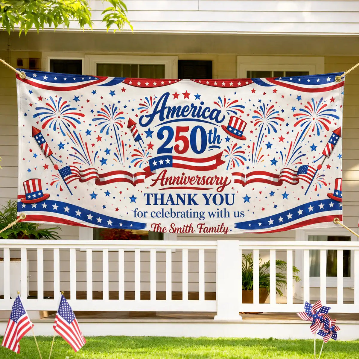 Custom America 250th Anniversary Collection: Personalized Frosted Cups, Flags & Banners for Family Party