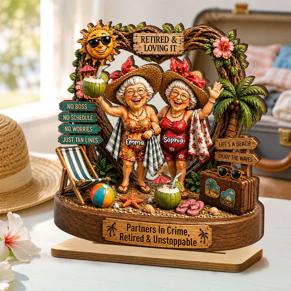 Personalized 2-Layer Wooden Plaque, Retired Friends Beach Scene, Unique Creative Gift for Close Friends