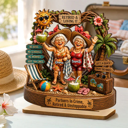 Personalized 2-Layer Wooden Plaque, Retired Friends Beach Scene, Unique Creative Gift for Close Friends