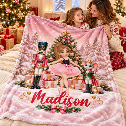 Personalized Fleece Blanket, Dancing Ballerina in Pink Nutcracker Christmas Scene, Unique Gift for Daughter