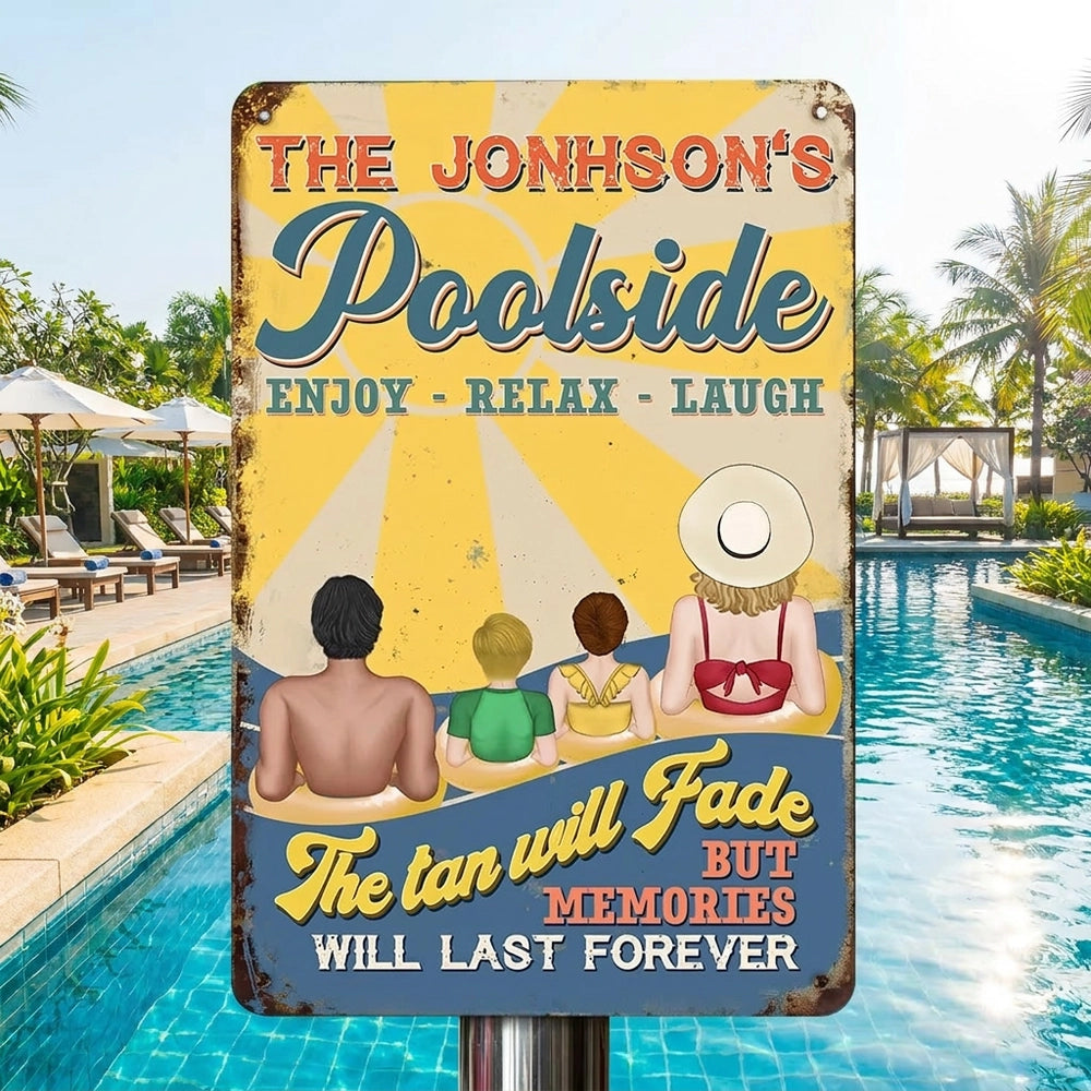 Personalized Rectangular Iron Sign, Retro Poolside Family Scene, Unique Gift for Pool Lovers