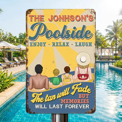 Personalized Rectangular Iron Sign, Retro Poolside Family Scene, Unique Gift for Pool Lovers