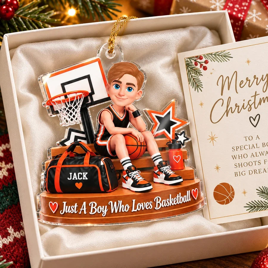 Personalized Acrylic Ornament, Cartoon Boy Sitting with Basketball in Gym, Unique Christmas Gift for Son