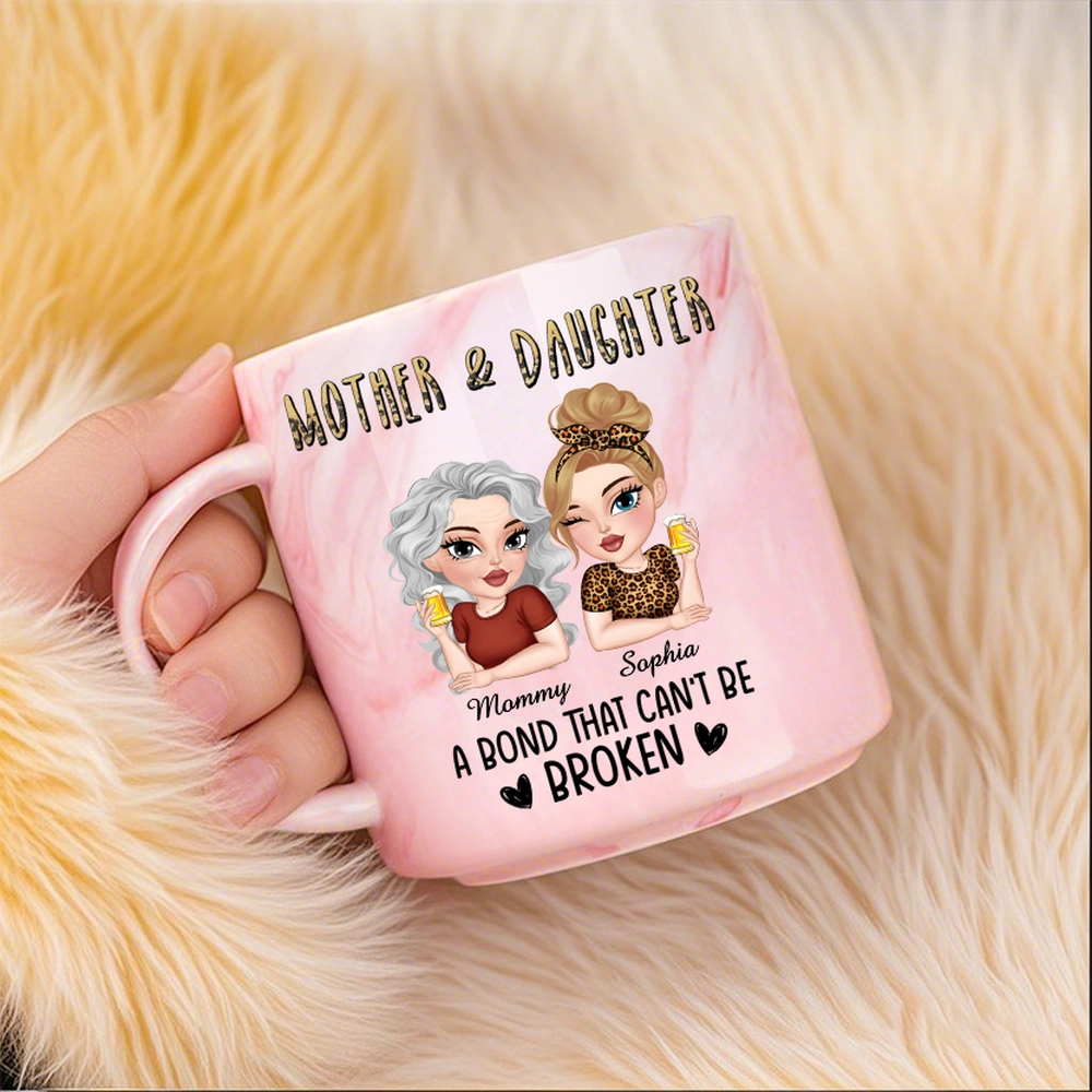 A Bond That Can't Be Broken Mother & Daughter Marble Mug, Personalized Pink Marble Gift for Mom or Daughter