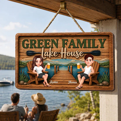 Personalized Wooden Sign, Seated Lake House Couple Illustration, Unique Gift For Family Retreat Decor