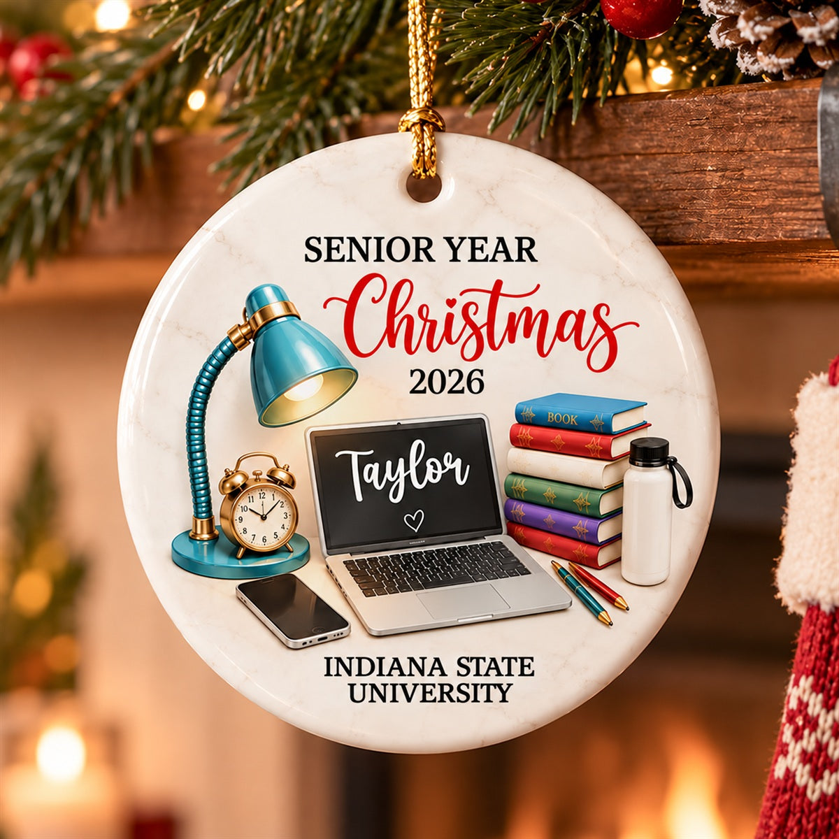 Personalized Ceramic Ornament, Teal Study Desk Senior Year Christmas Keepsake, Unique Graduation Gift for Student