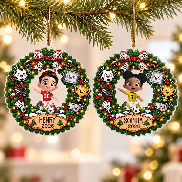 Personalized Acrylic Ornament, Festive Soccer Wreath with Running Player, Creative Gift for Players and Fans