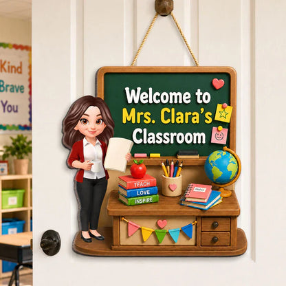 Personalized Wooden Sign with Standing Cartoon Teacher, Green Board Classroom Decor, Unique Teacher Gift