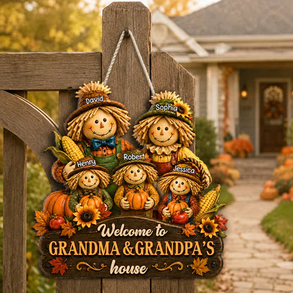 Personalized Wooden Sign with Scarecrow Family, Fall Door Decor, Unique Gift for Grandma & Grandpa